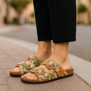 House of Harlow Slides 1960 Beaded Leaf Leather Buckle Sandals Size 8.5 NWT‎